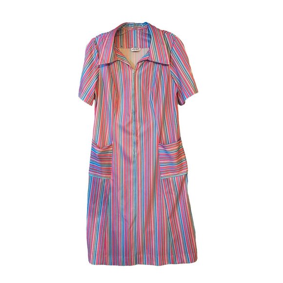 Vintage 1970s Retro Dress Vertical Stripes  Front Pockets Size Medium - Picture 2 of 6